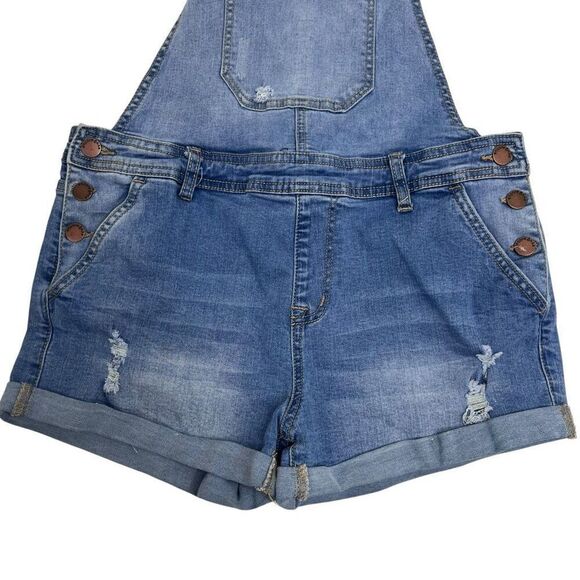 Encore Juniors Distressed Stretch Cuffed Denim Shortalls Mid Wash Blue Size 11 - Picture 15 of 15